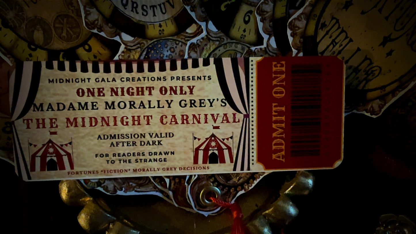 Ticket stub for 'The Midnight Carnival' event with decorative elements.